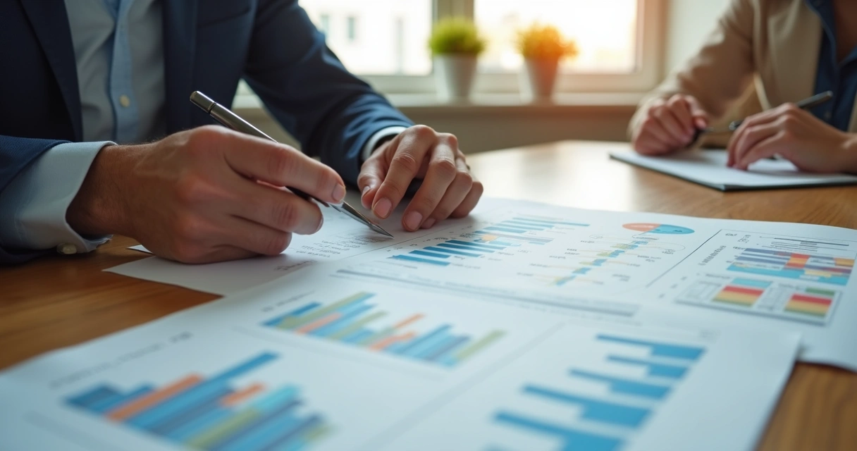 Consultor em reunião com cliente analisando planilha financeira real com gráficos coloridos, mesa de madeira clara, sala iluminada com janela ao fundo