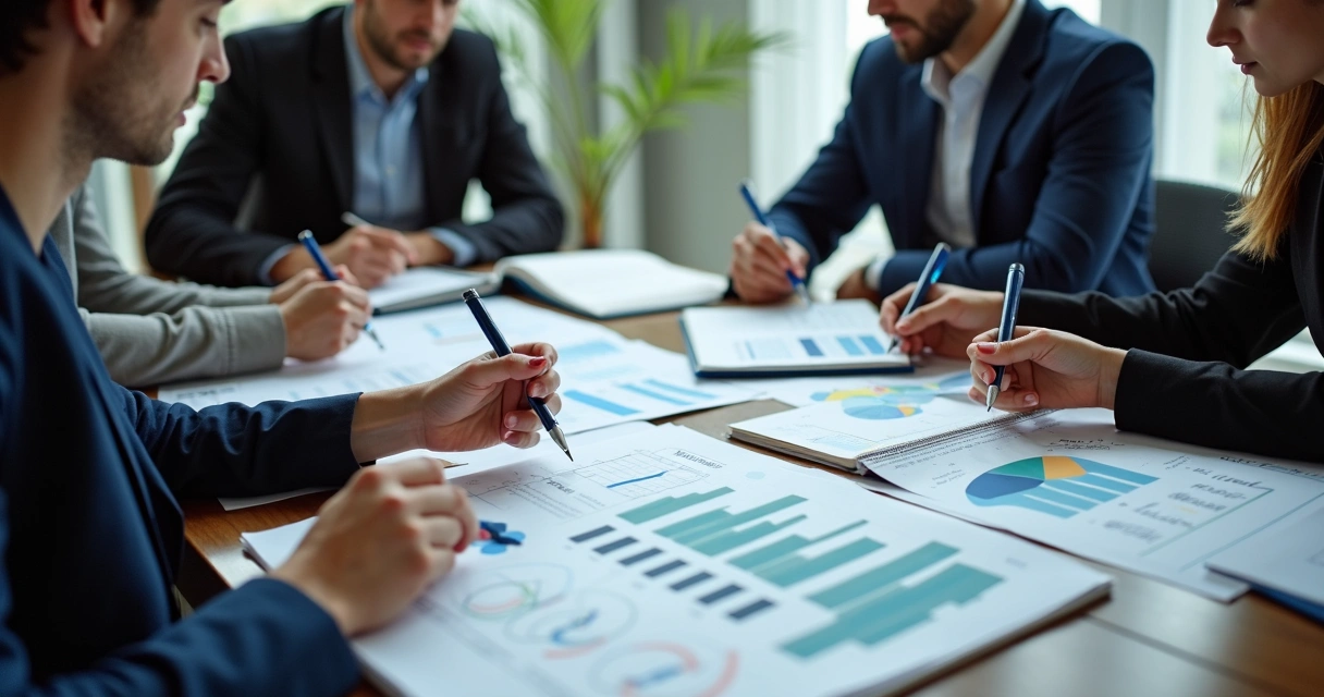 Equipe de contabilidade discutindo diagnóstico, gráficos e relatórios sobre uma mesa 