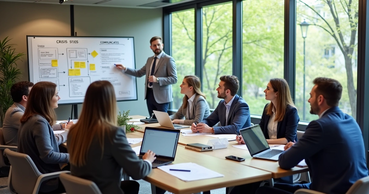Equipe reunida em sala de reunião com anotações em quadro discutindo soluções 
