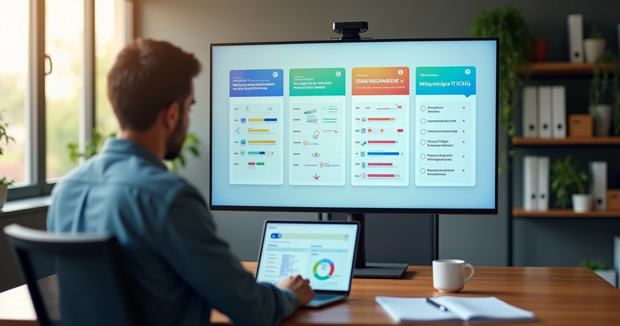 Brazilian manager analyzing CRM diagnostic dashboard on a large screen in the office