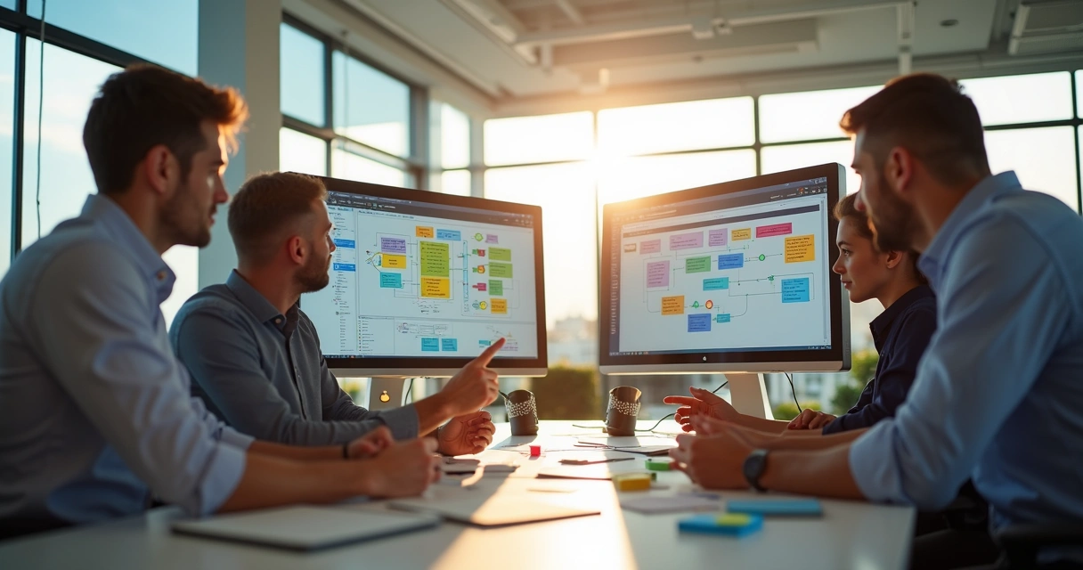 Equipe analisando fluxos de CRM em telas de computador 