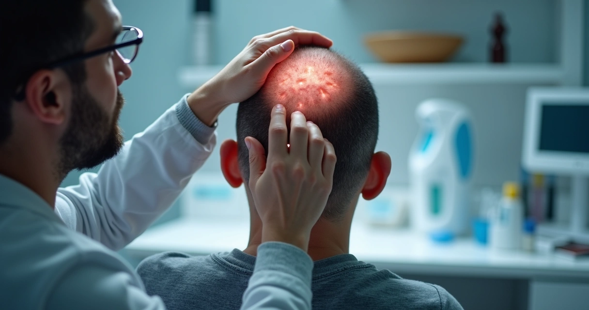 Exame detalhado de couro cabeludo apresentando sinais de dermatite 