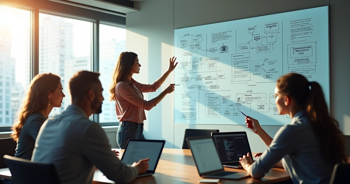 Equipe mapeando processos de sistemas legados em sala de reuniões moderna 