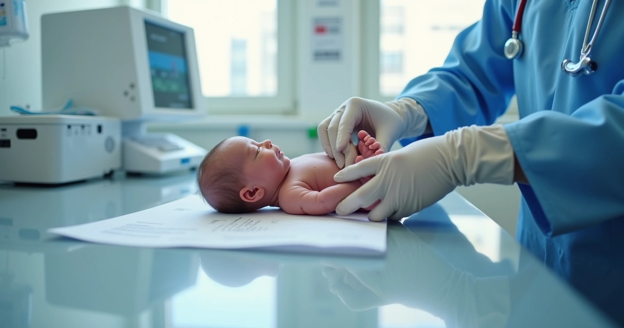 Profissional de saúde analisando teste do pezinho de uma criança em ambiente hospitalar 
