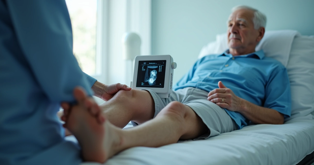 Pessoa idosa realizando exame de ultrassonografia vascular nos pés 