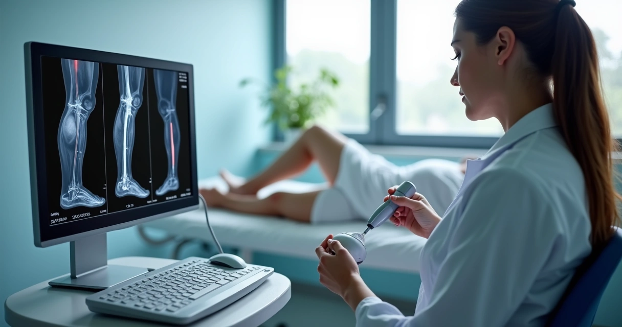 Exame EcoDoppler mostrando veias das pernas para diagnóstico de safena entupida 