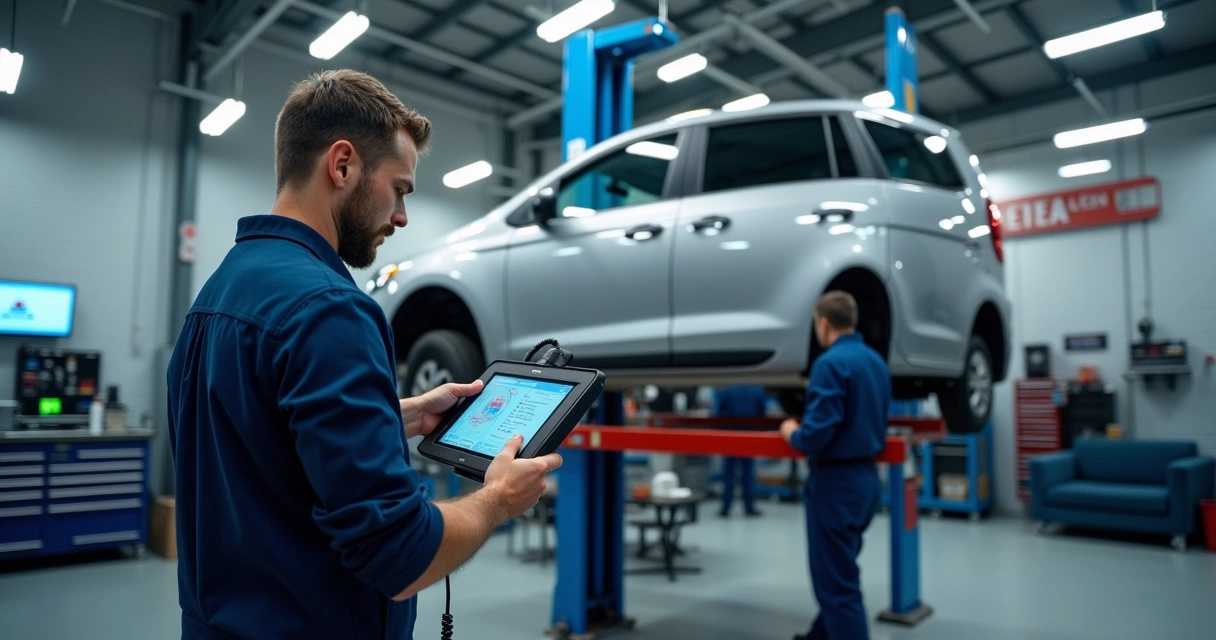 Mecânico utilizando equipamento de diagnóstico eletrônico em carro na oficina