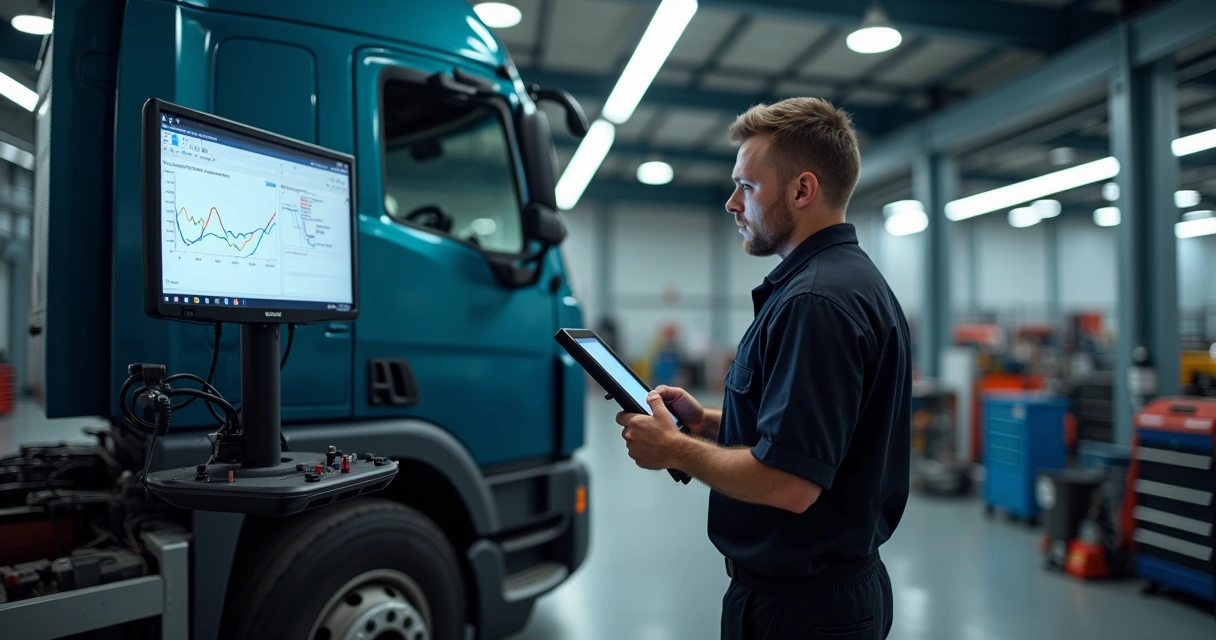 Mecânico usando scanner em veículo diesel dentro de oficina moderna