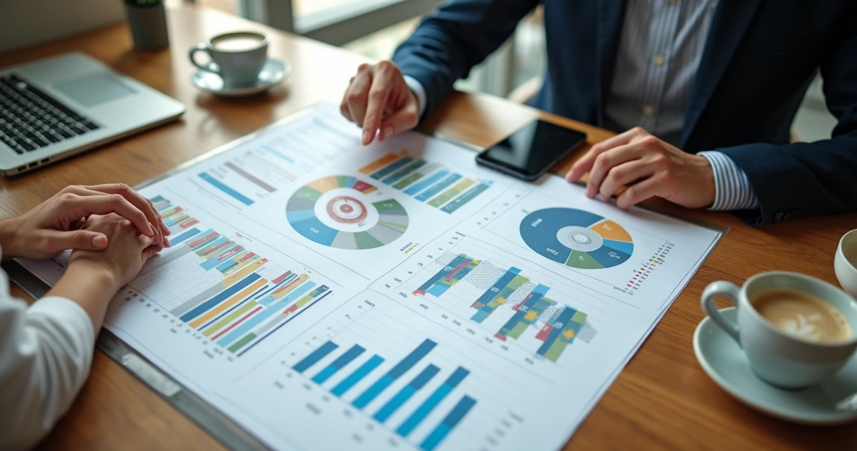 Mesa de escritório com relatórios financeiros e gráficos em papel, duas pessoas analisando dados 