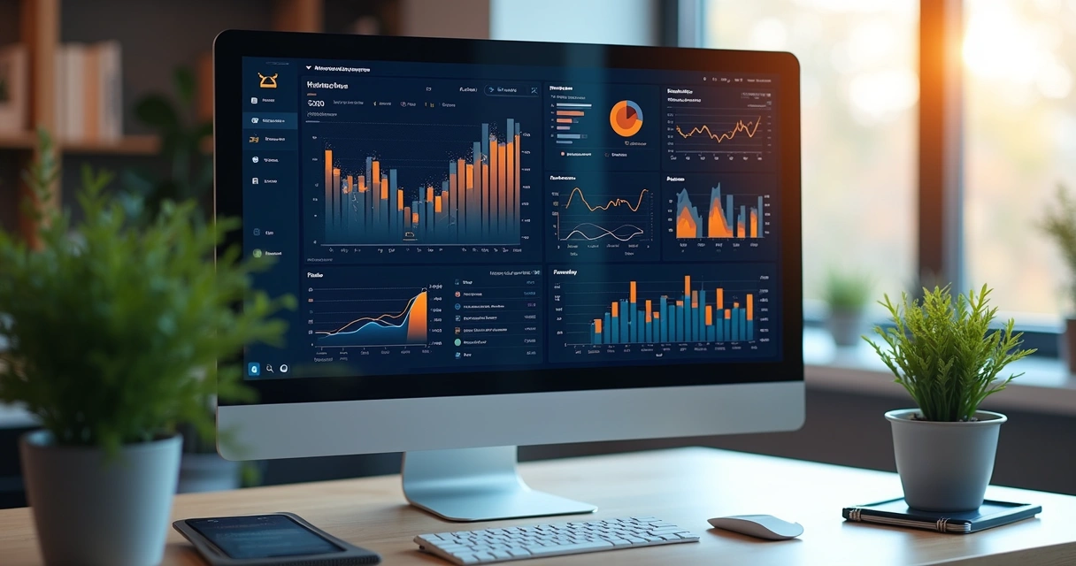 Computador com dashboards de marketing em tela 