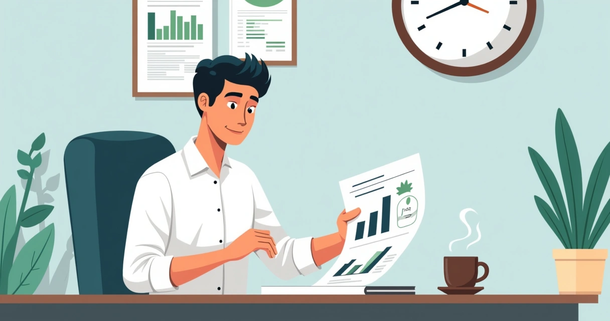 Empresário analisando relatórios financeiros e de vendas na mesa, expressão de análise crítica 