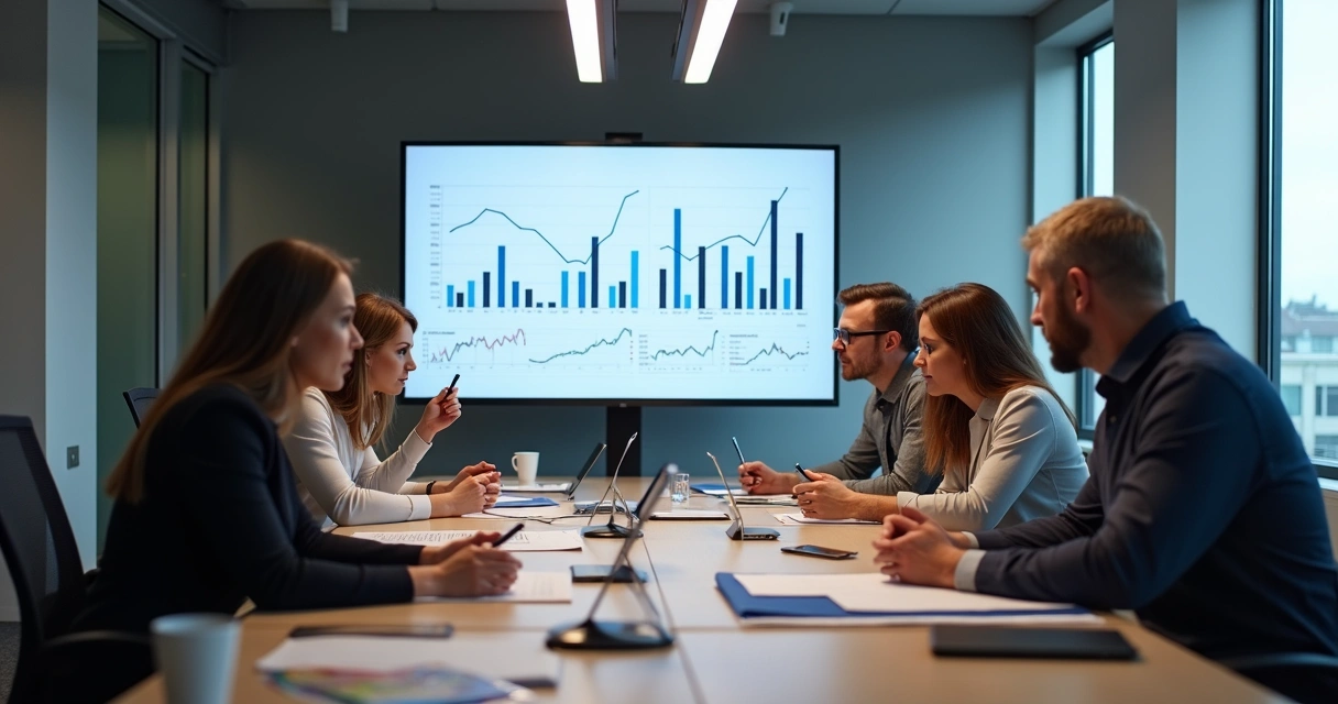 Equipe em reunião analisando dados na tela 