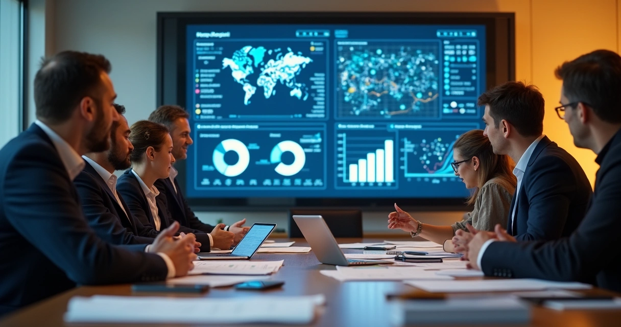Gestores analisando dados em gráficos na sala de reunião 