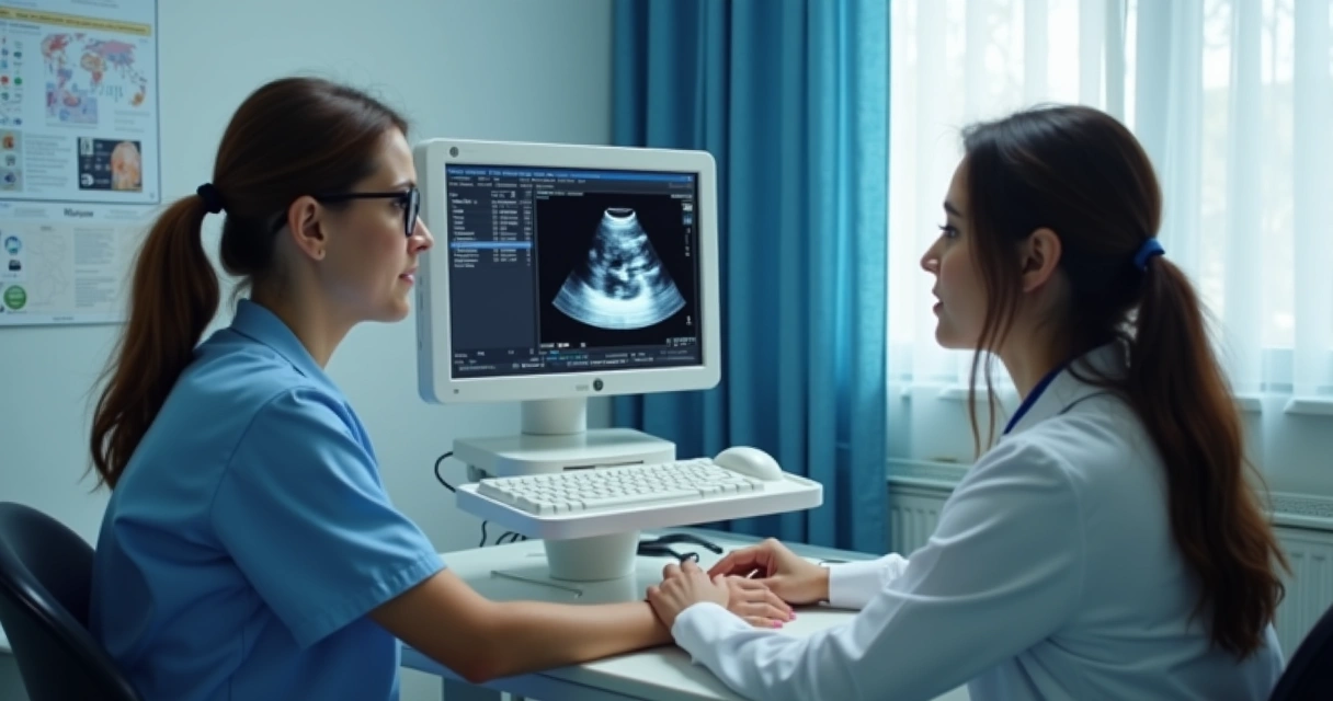 Médica examinando ultrassom em consultório moderno 