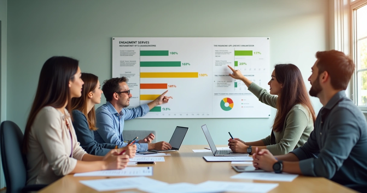 Equipe de trabalho reunida em sala clara enquanto analisam gráficos de engajamento na parede 