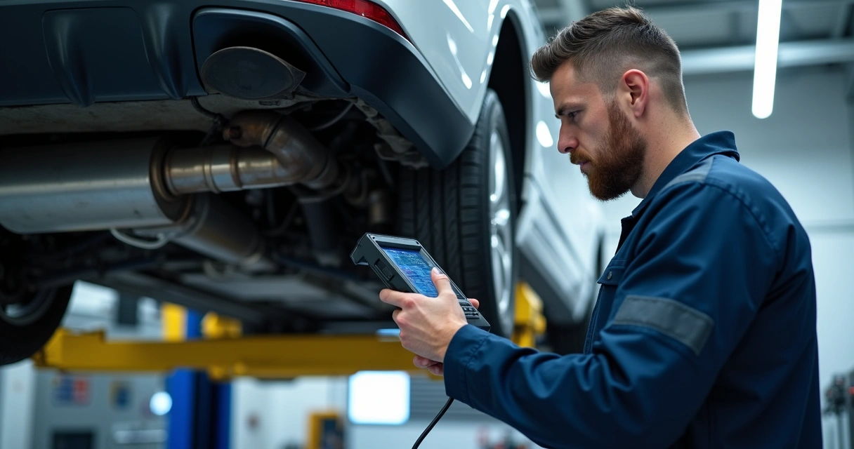 Especialista fazendo diagnóstico em escapamento de carro