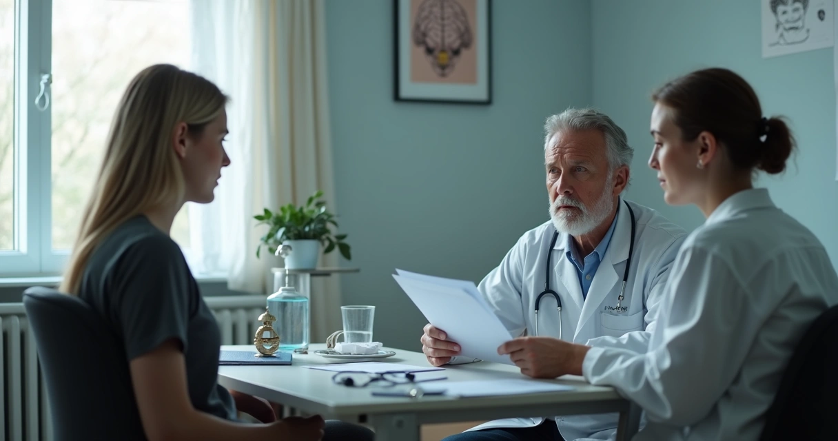 Psiquiatra conversa com paciente em consultório, segurando laudo médico com expressões sérias e atentas 