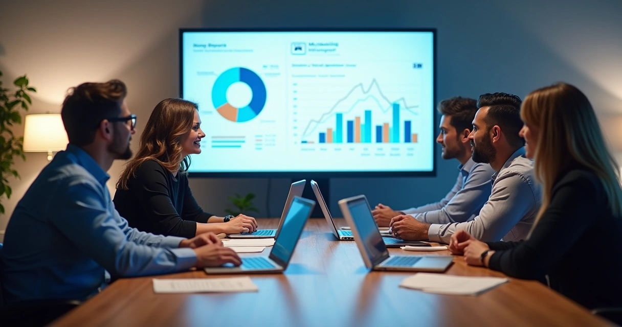 Equipe de agência digital apresentando relatório em reunião