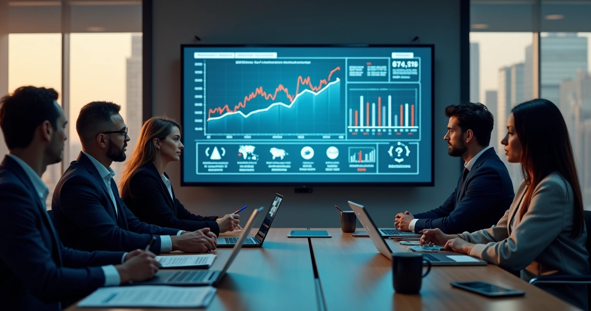 Reunião de diretoria analisando painel com gargalos e crescimento estagnado 
