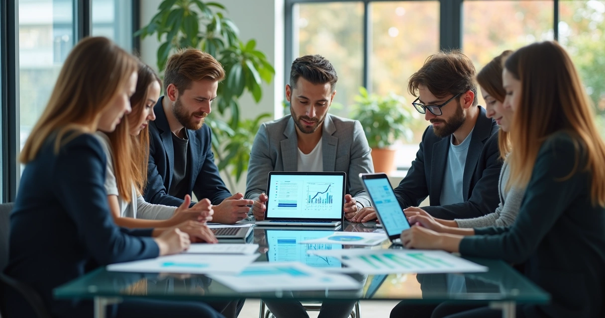 Equipe analisando dados sobre aprendizagem em um escritório moderno 