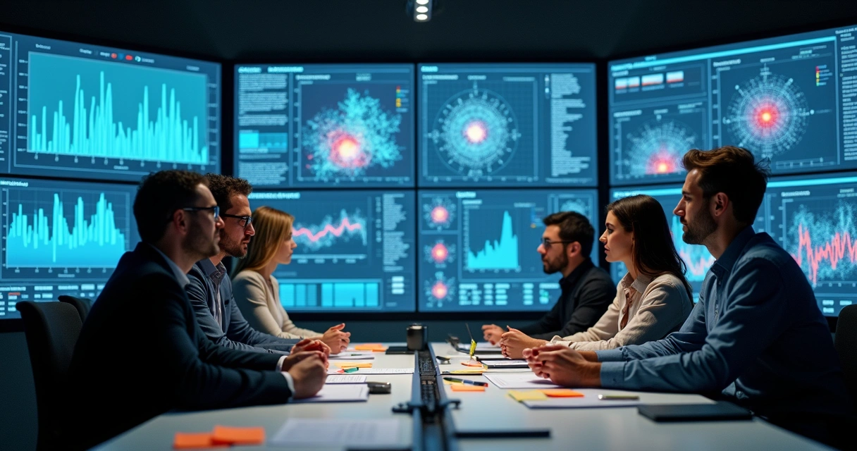 Equipe técnica analisando painéis de IA e identificando falha invisível 