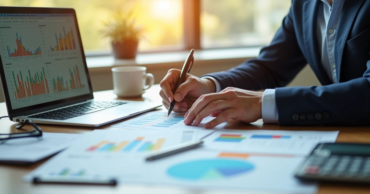 Gestor analisando relatórios financeiros na mesa de escritório 