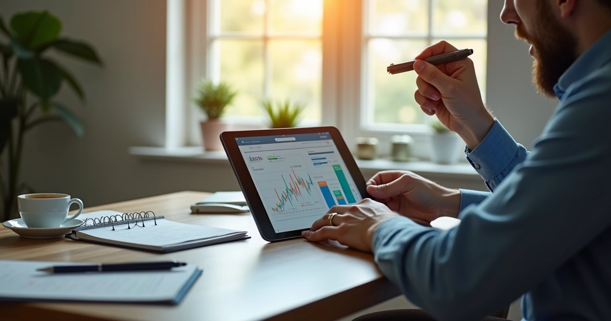 Especialista realizando diagnóstico financeiro consultando gráficos no tablet 