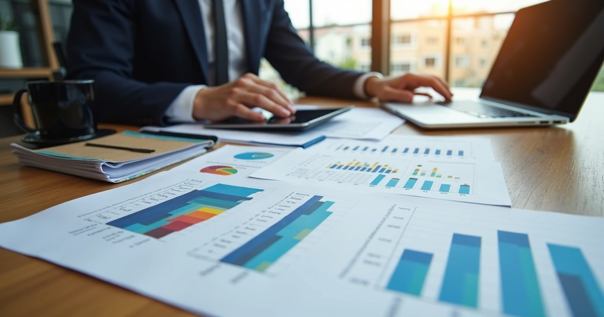 Gestor com papéis analisando gráficos e planilhas financeiras sobre uma mesa 