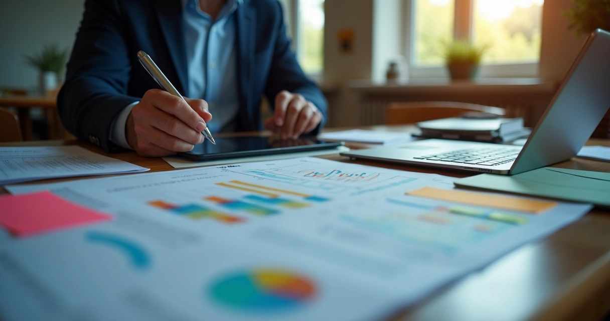 Gestor analisando gráficos e relatórios financeiros em mesa de reunião 