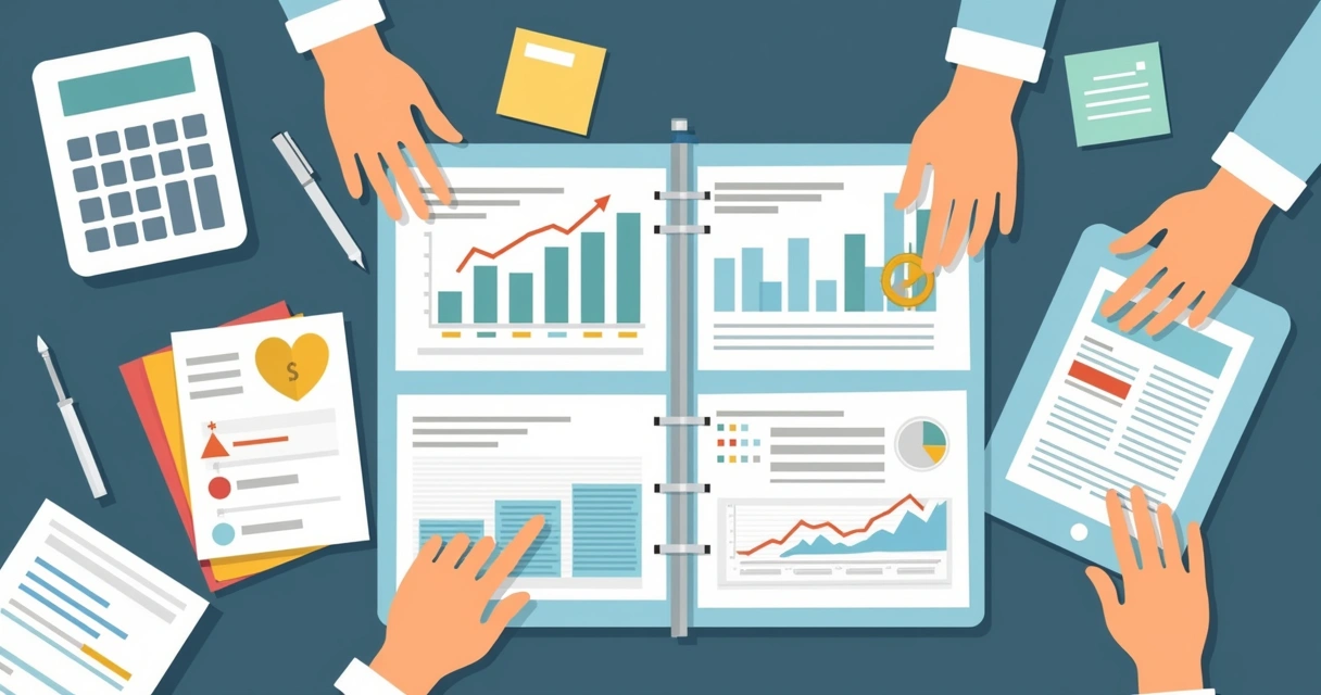 Tabelas financeiras organizadas em uma mesa com calculadora ao lado de agenda digital 