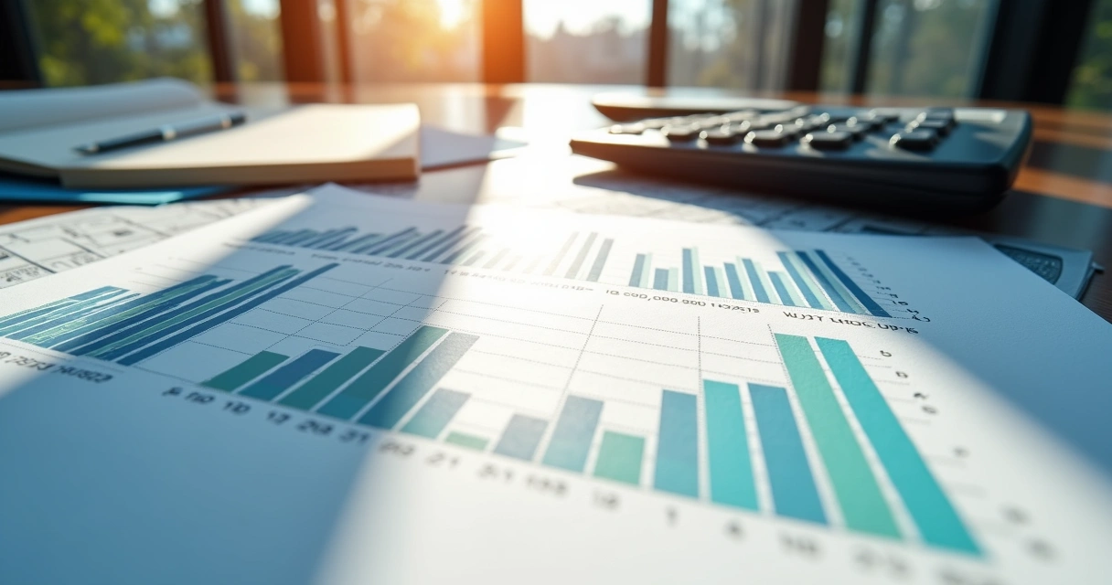 Planilha financeira digital aberta ao lado de calculadora e anotações em mesa de escritório 