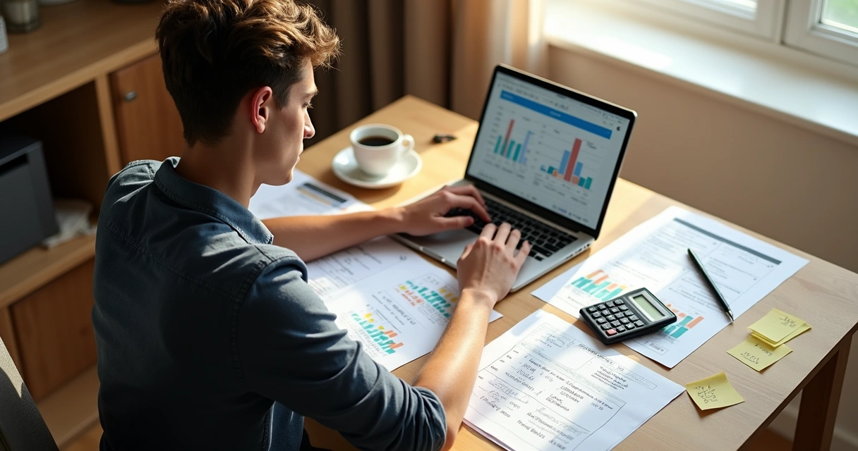 Pessoa analisando planilha financeira e folhas de papel