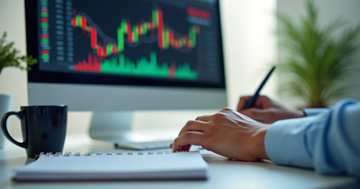 Homem adulto analisando gráficos financeiros no computador com caderno ao lado 
