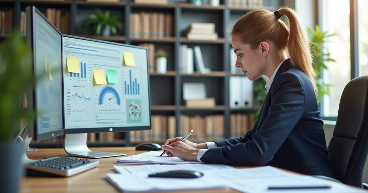 Contador revisando planilhas e documentos fiscais de MEI. 