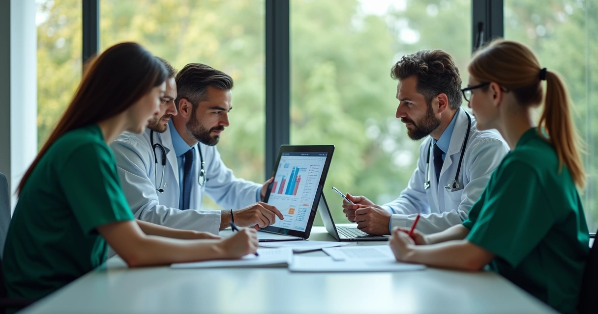 Equipe médica avaliando dados fiscais digitais 