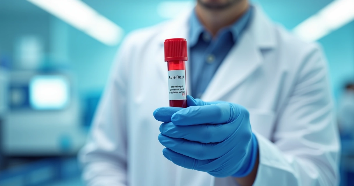 O que avaliar no monitoramento laboratorial de infecções fúngicas 2 Profissional segurando frasco de coleta de sangue com etiqueta para exame de galactomanana