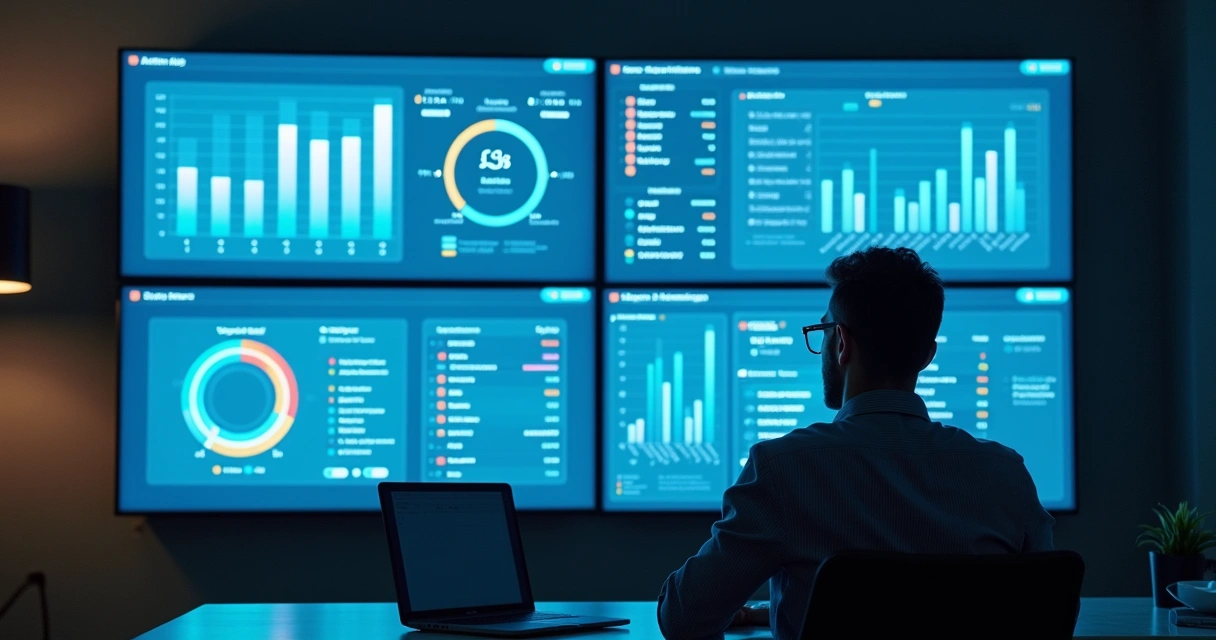 Gestor analisando múltiplos dashboards de ferramentas online 
