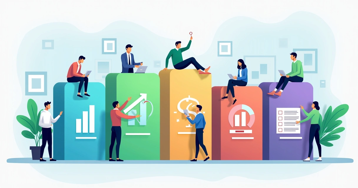 Cinco blocos destacados representando funcionalidades de um sistema de gestão 