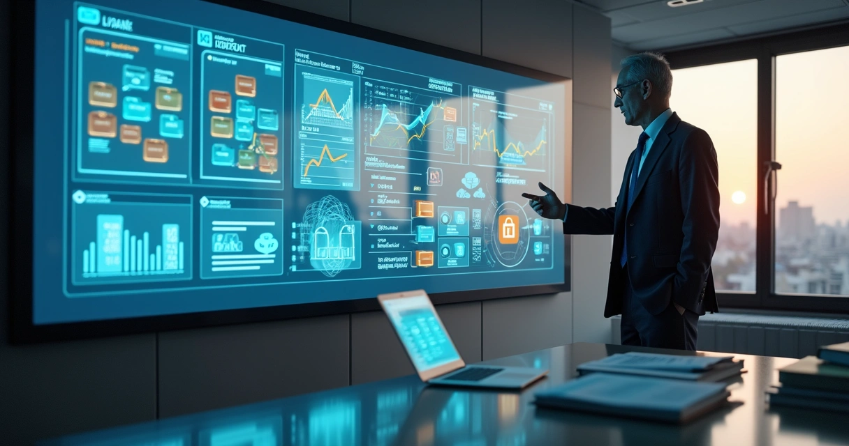 Gestor analisando painel digital com gráficos de arquivos físicos e digitais 