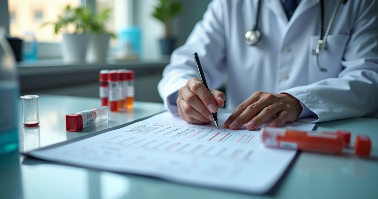 Profissional da saúde analisando exame genético com laudo de hemocromatose na mesa 