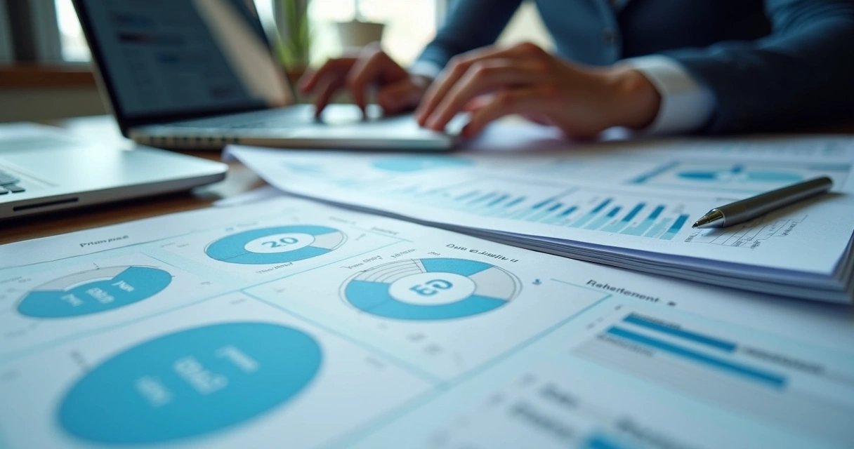 Especialista revisando diagnóstico de IA empresarial com documentos e telas 