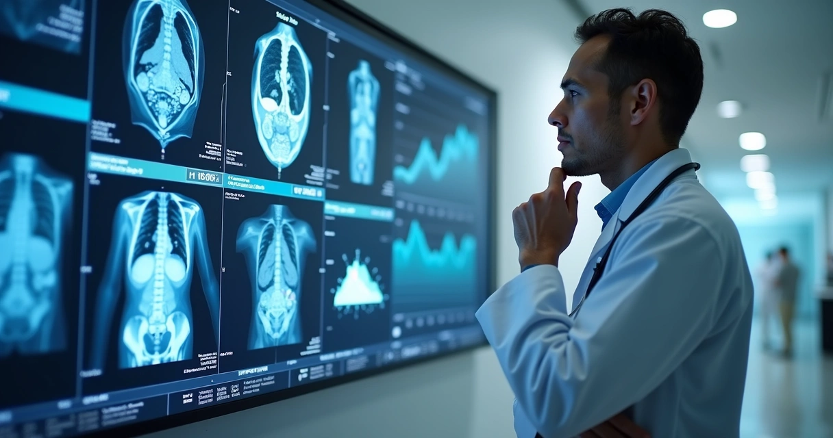 Médico analisando exames com apoio de painel digital com gráficos de IA 