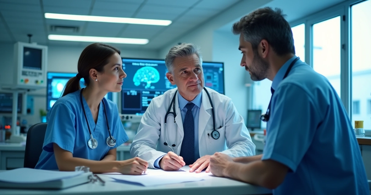 Profissionais de saúde analisando caso clínico junto a uma inteligência artificial em tela 