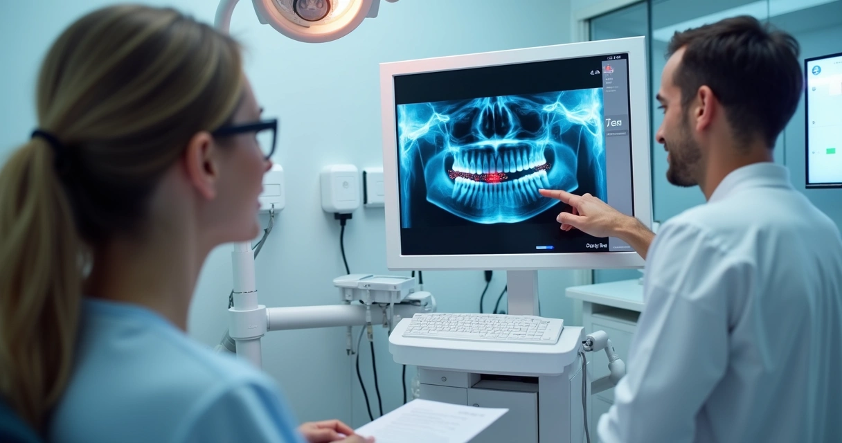 Dentista confere radiografia digital com análise por IA em tela 