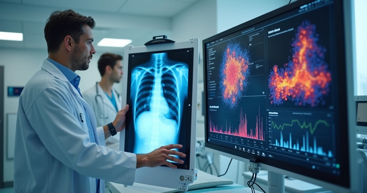Médico analisa exame de raio-x ao lado de tela com gráficos de inteligência artificial. 