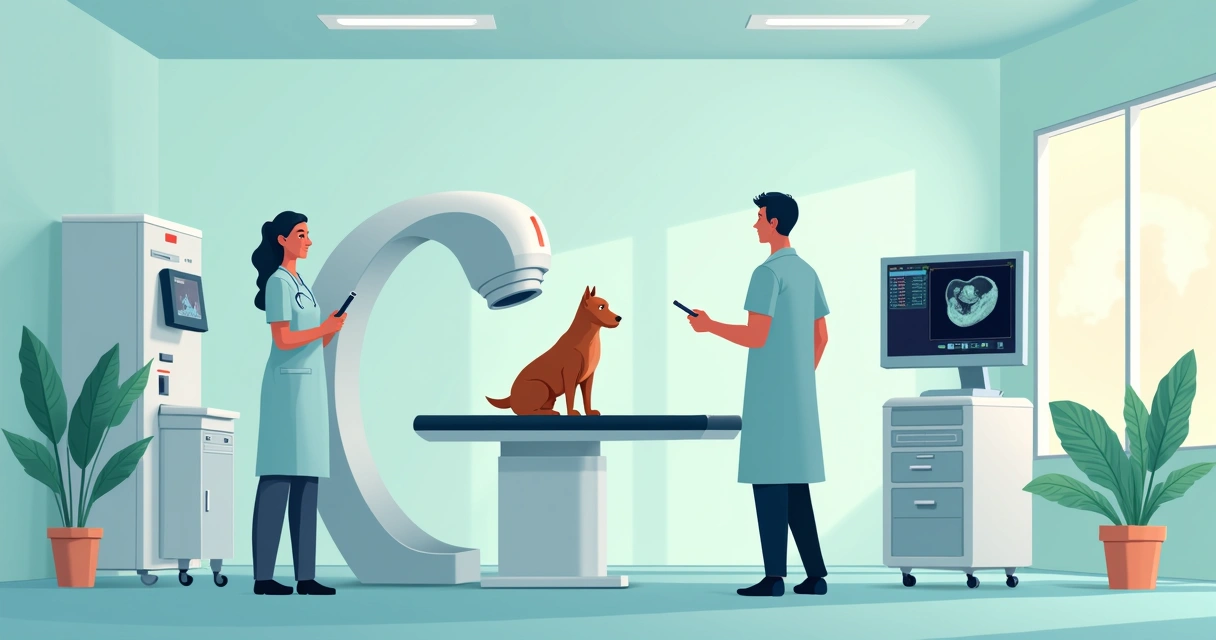 Sala de clínica veterinária com equipamentos de ultrassom e radiografia digital, cachorro na mesa e veterinários analisando imagem de exame. 