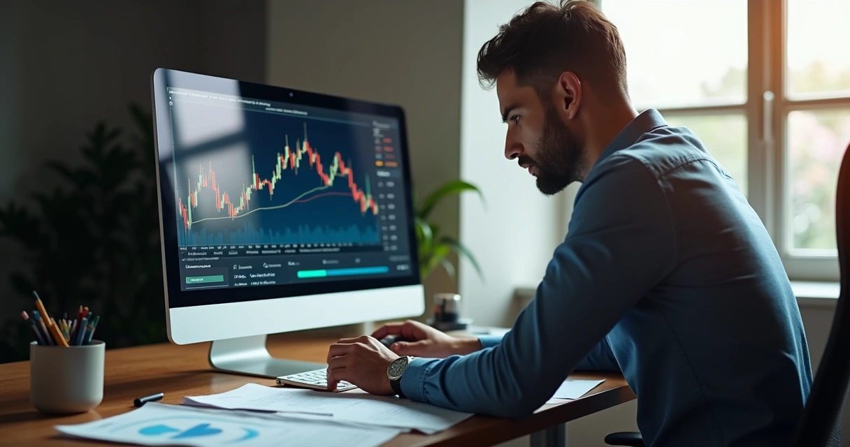 Análise detalhada de dados financeiros em uma tela, homem analisando gráficos de inadimplentes