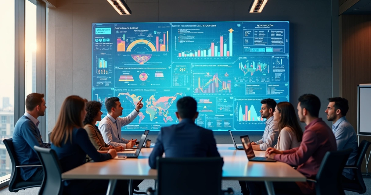 Sala de reunião de empresa com gráficos de dados exibidos em tela grande, equipe analisando informações e computadores ligados 