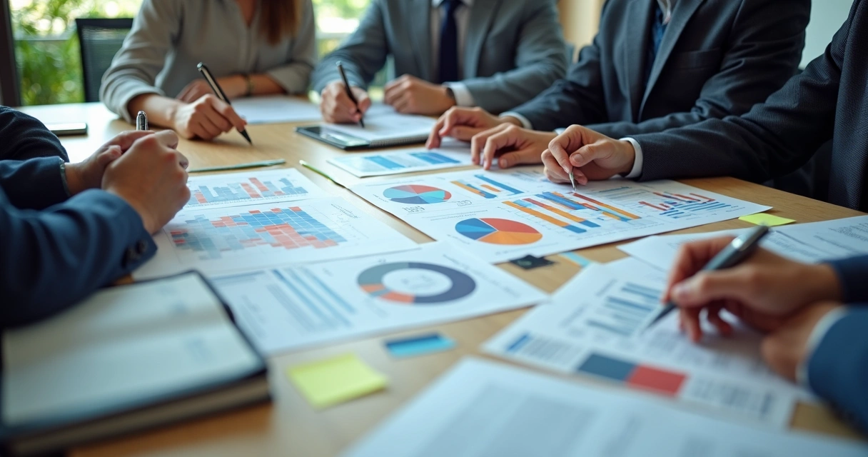 Equipe analisando dados em planilhas e telas sobre riscos e conformidade NR-01 