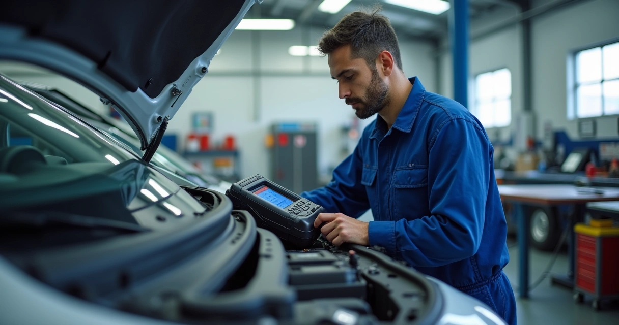 Mecânico fazendo diagnóstico em injeção eletrônica 